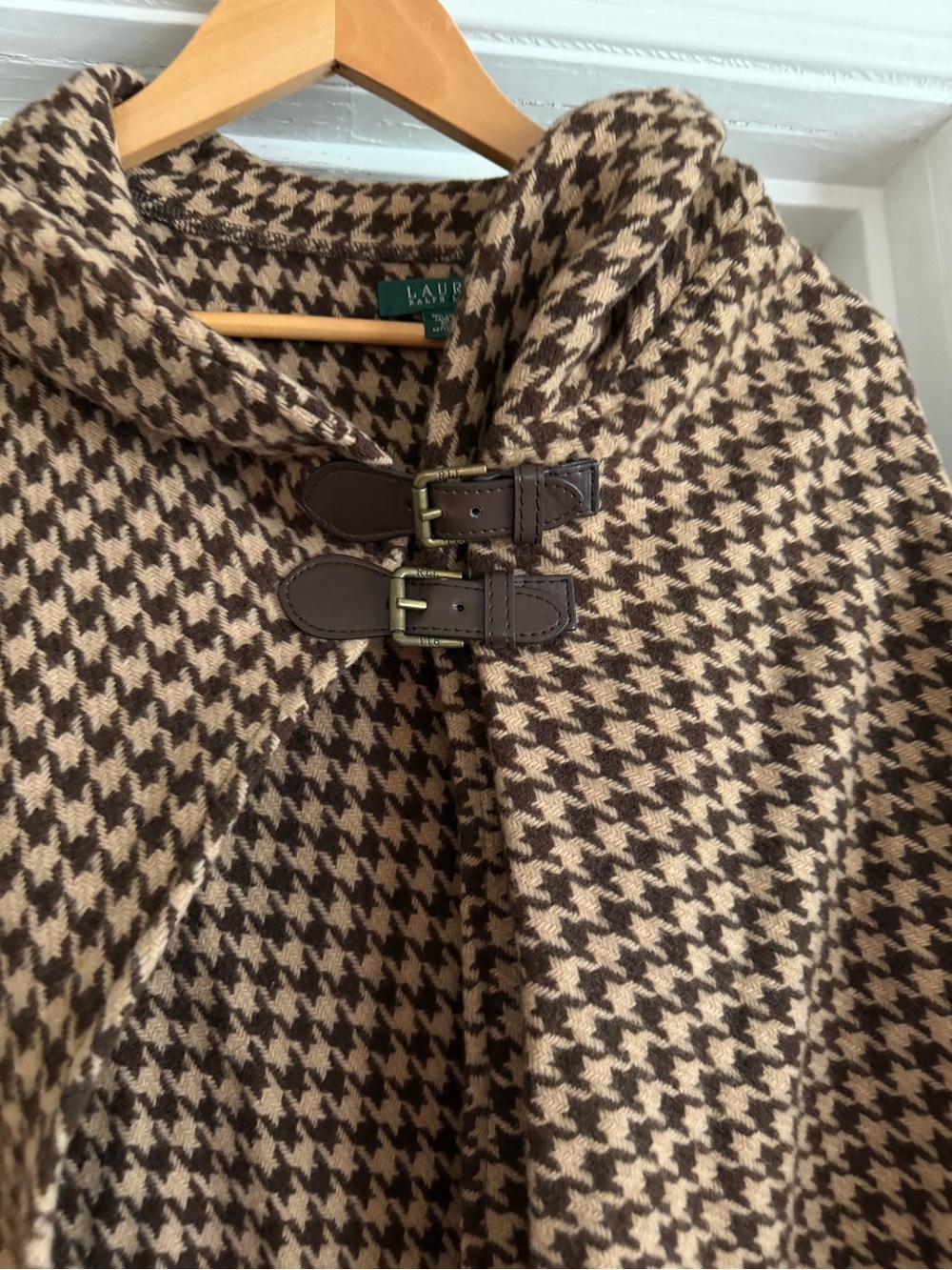 Ralph Lauren Brown & Cream Houndstooth Hooded Poncho - Picture 2 of 6